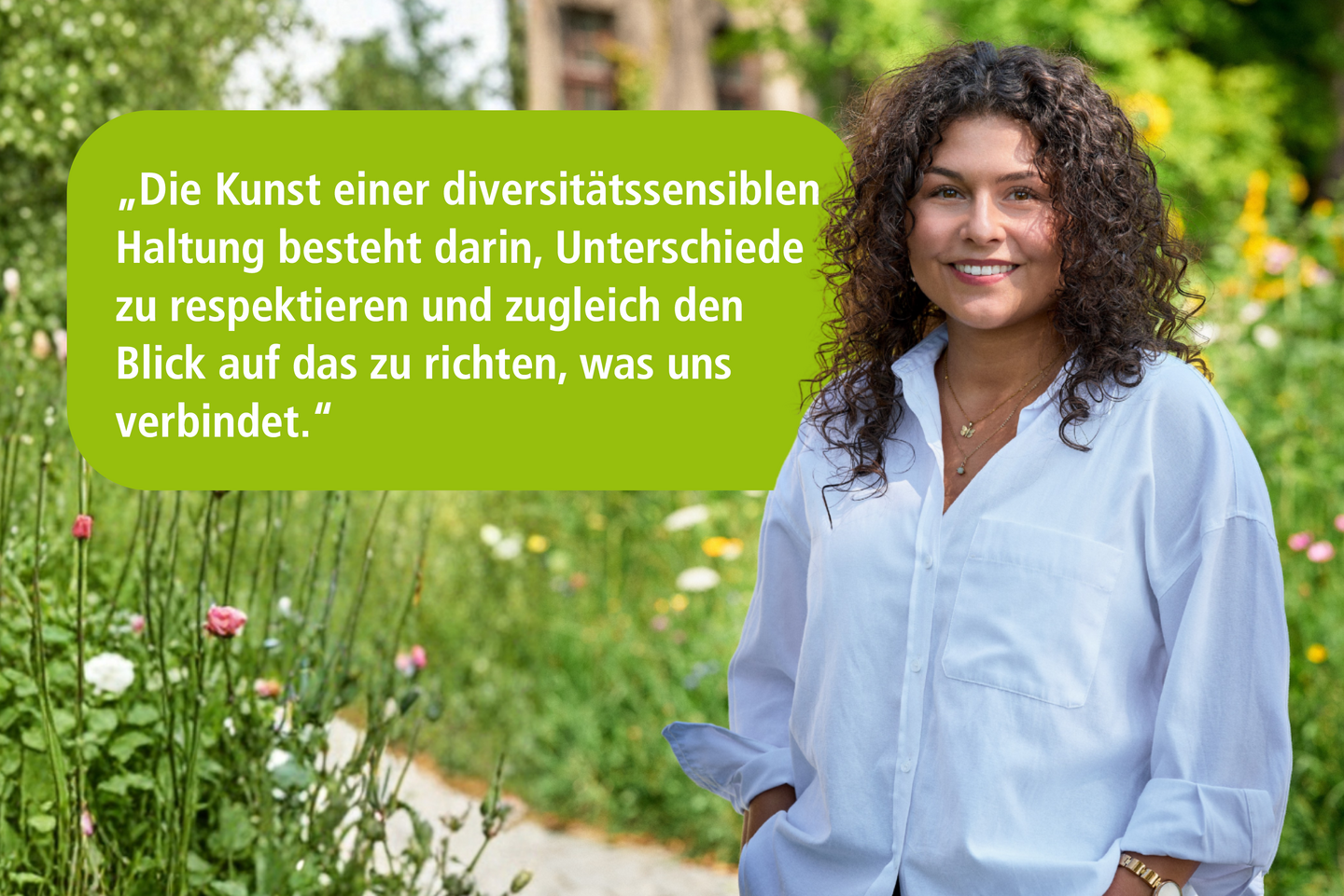 Zitat von Verena Bacher: „Die Kunst einer diversitätssensiblen Haltung besteht darin, Unterschiede zu respektieren und zugleich den Blick auf das zu richten, was uns verbindet.“